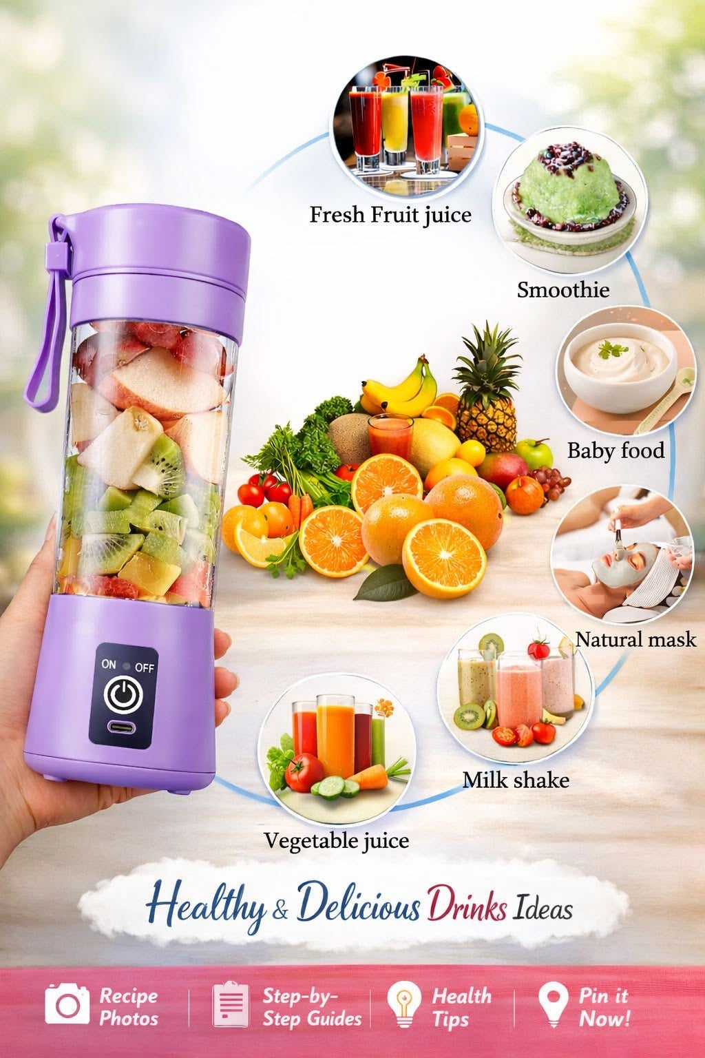 Portable Juicer Blender with 6-Blade, USB Rechargeable, Personal Smoothie Maker, Protein Shake Mixer, Built-In Bottle, for Home, Travel and Gymnastics